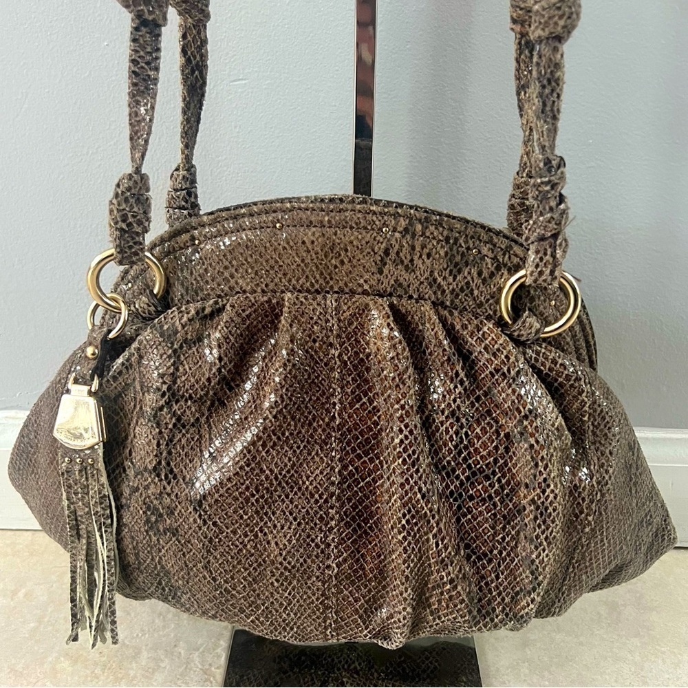 B Makowsky Leather Shoulder Bag Extra Long Strap Snakeskin Print